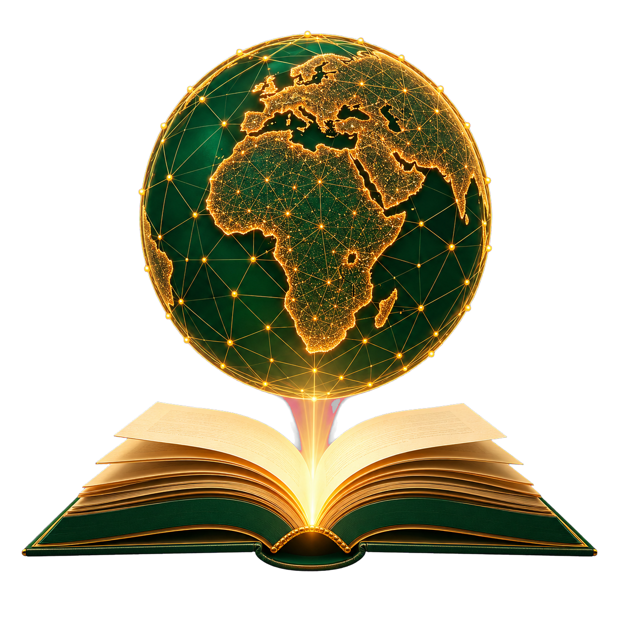 A glowing digital globe centred on Africa above an illuminated open book