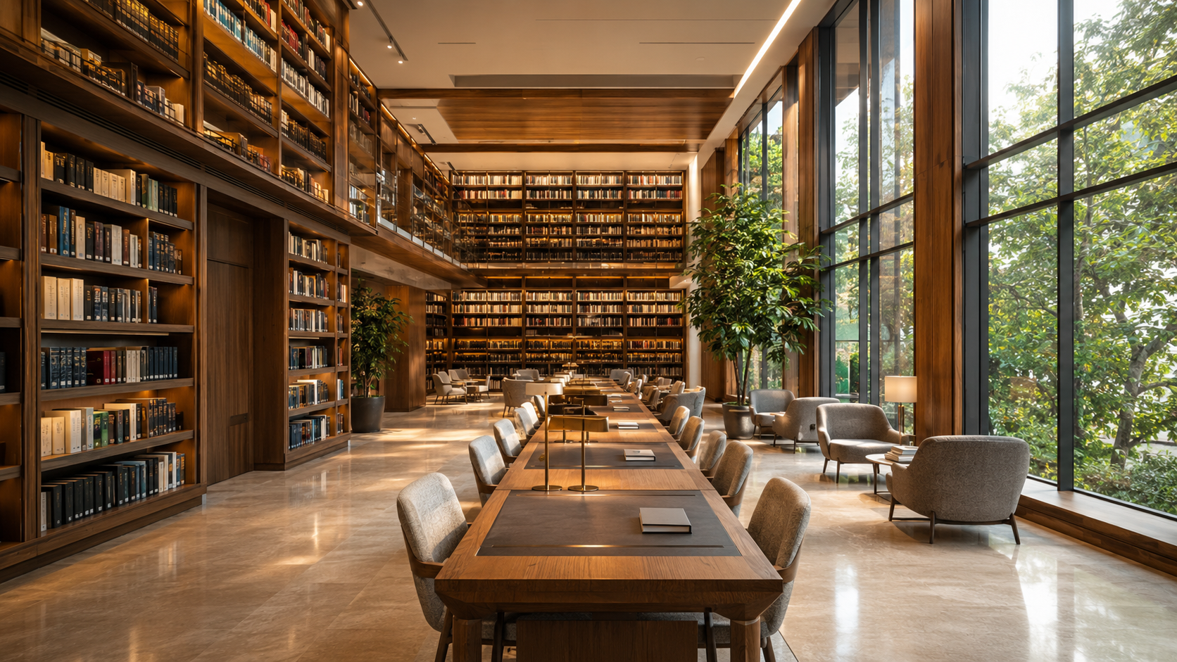 Modern institutional library with bookshelves, study tables and large windows